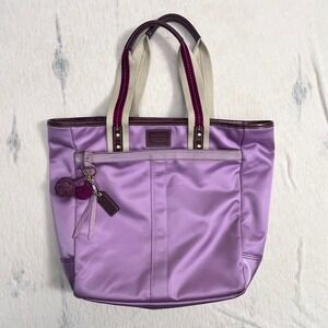 Coach Tote Bag Purple Satin Signature Lining Leather Trim Hampton